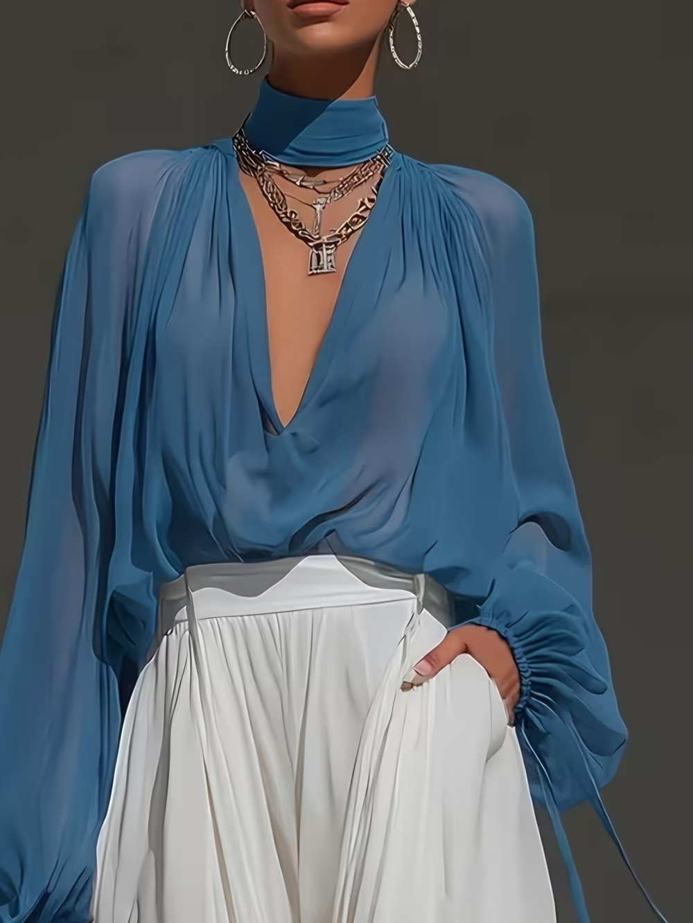 Elegant Blue Silk Blouse with High Neck